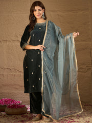 Teal Green Velvet Embroidered Kurta, Pant and Dupatta Set