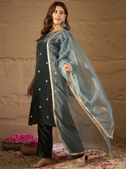 Teal Green Velvet Embroidered Kurta, Pant and Dupatta Set