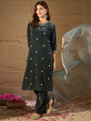 Teal Green Velvet Embroidered Kurta, Pant and Dupatta Set