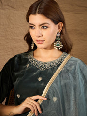 Teal Green Velvet Embroidered Kurta, Pant and Dupatta Set
