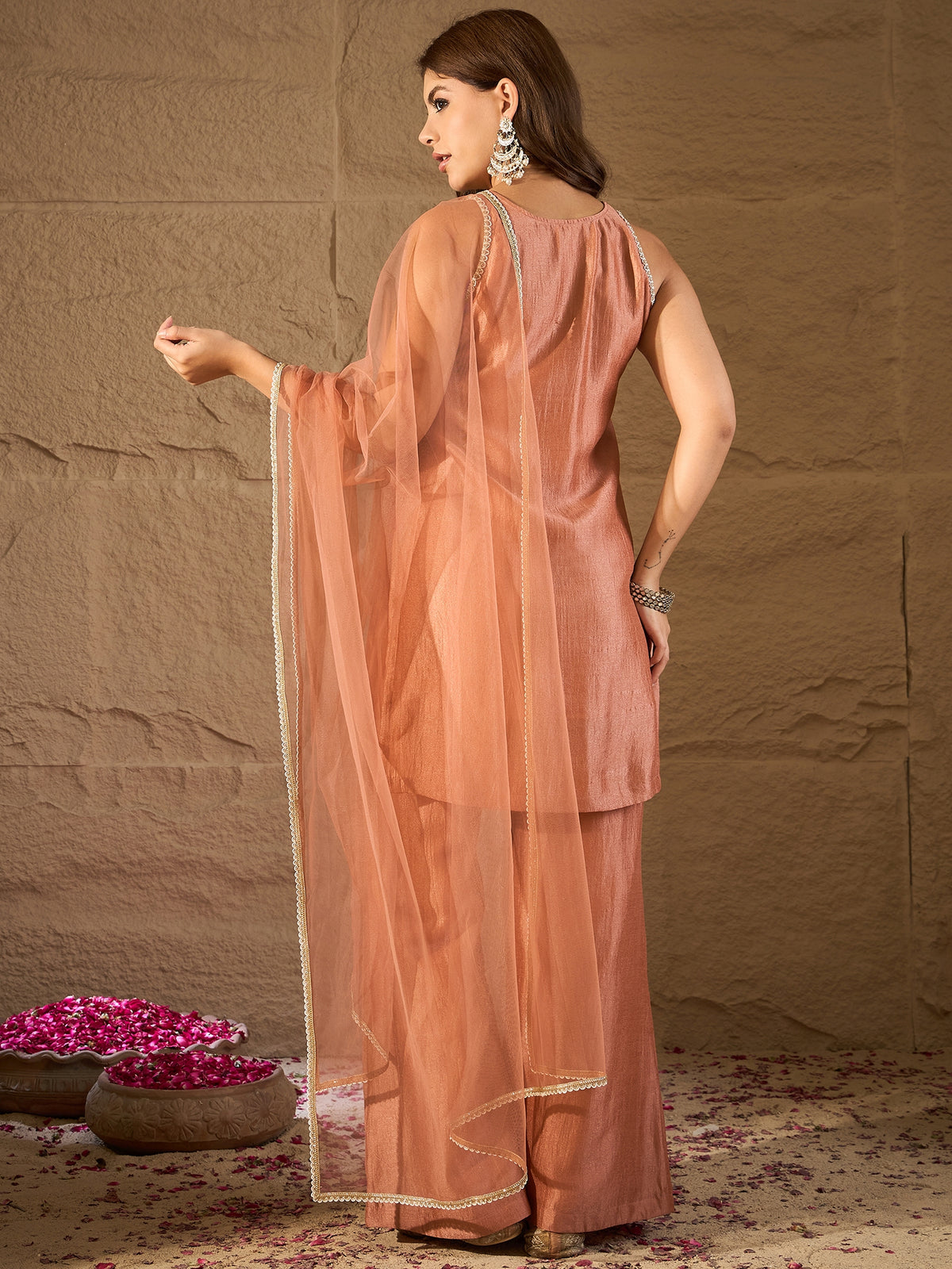 Peach Embroidered Kurta Set with Organza Dupatta & Palazzo Pants for Women