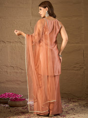 Peach Embroidered Kurta Set with Organza Dupatta & Palazzo Pants for Women