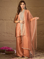 Peach Embroidered Kurta Set with Organza Dupatta & Palazzo Pants for Women