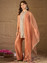 Peach Embroidered Kurta Set with Organza Dupatta & Palazzo Pants for Women