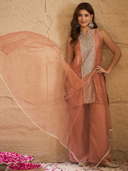 Peach Embroidered Kurta Set with Organza Dupatta & Palazzo Pants for Women