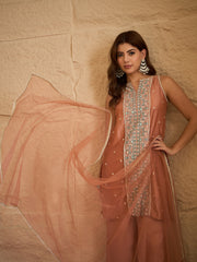 Peach Embroidered Kurta Set with Organza Dupatta & Palazzo Pants for Women