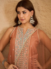 Peach Embroidered Kurta Set with Organza Dupatta & Palazzo Pants for Women
