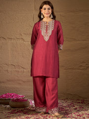 Elegant Wine Red Embroidered Kurta Set with Dupatta for Women | Festive & Wedding Ethnic Wear