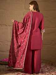 Elegant Wine Red Embroidered Kurta Set with Dupatta for Women | Festive & Wedding Ethnic Wear