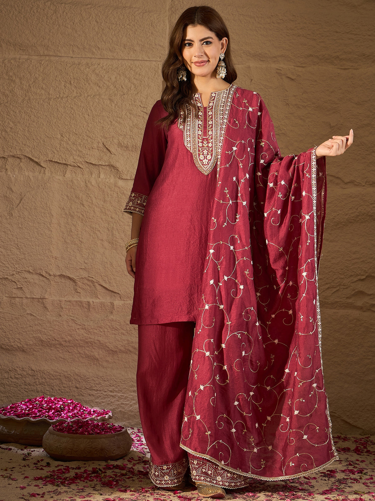 Elegant Wine Red Embroidered Kurta Set with Dupatta for Women | Festive & Wedding Ethnic Wear