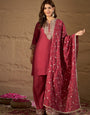 Elegant Wine Red Embroidered Kurta Set with Dupatta for Women | Festive & Wedding Ethnic Wear
