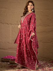 Elegant Wine Red Embroidered Kurta Set with Dupatta for Women | Festive & Wedding Ethnic Wear