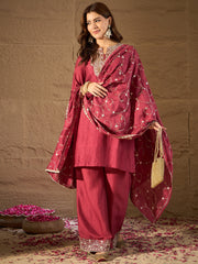 Elegant Wine Red Embroidered Kurta Set with Dupatta for Women | Festive & Wedding Ethnic Wear