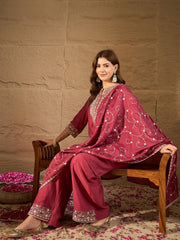 Elegant Wine Red Embroidered Kurta Set with Dupatta for Women | Festive & Wedding Ethnic Wear