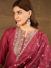Elegant Wine Red Embroidered Kurta Set with Dupatta for Women | Festive & Wedding Ethnic Wear