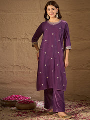 Purple Velvet Embroidered Kurta, Pant and Dupatta Set