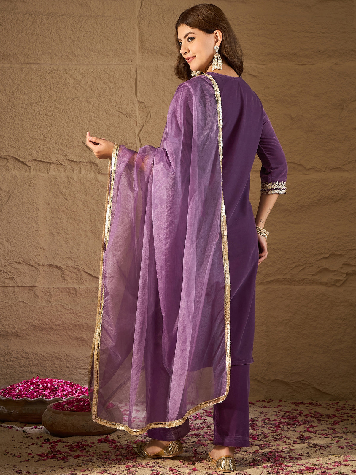 Purple Velvet Embroidered Kurta, Pant and Dupatta Set