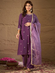 Purple Velvet Embroidered Kurta, Pant and Dupatta Set