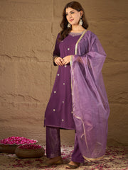 Purple Velvet Embroidered Kurta, Pant and Dupatta Set