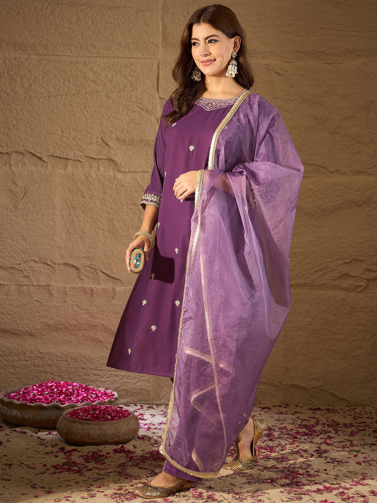 Purple Velvet Embroidered Kurta, Pant and Dupatta Set