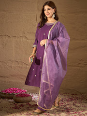 Purple Velvet Embroidered Kurta, Pant and Dupatta Set