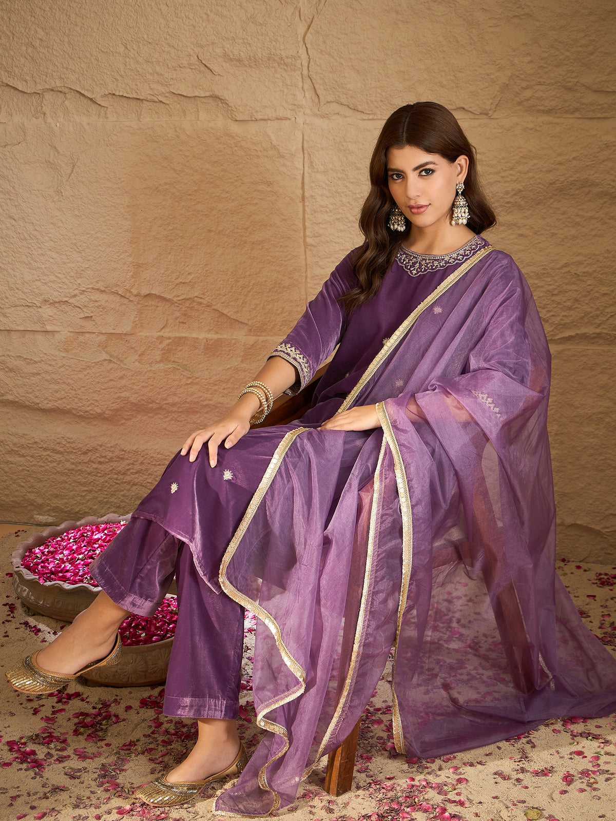 Purple Velvet Embroidered Kurta, Pant and Dupatta Set