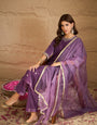 Purple Velvet Embroidered Kurta, Pant and Dupatta Set