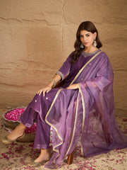 Purple Velvet Embroidered Kurta, Pant and Dupatta Set