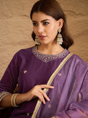 Purple Velvet Embroidered Kurta, Pant and Dupatta Set