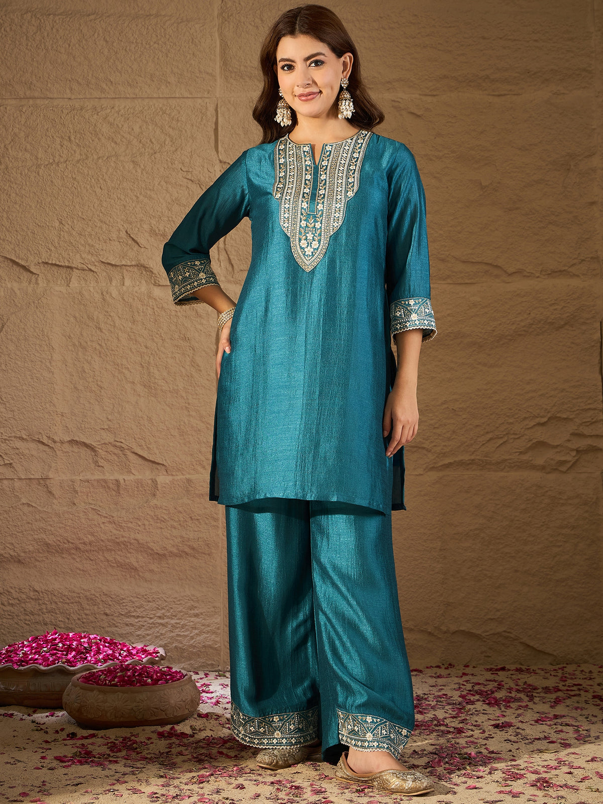 Elegant Teal Green Embroidered Kurta Set with Dupatta for Women