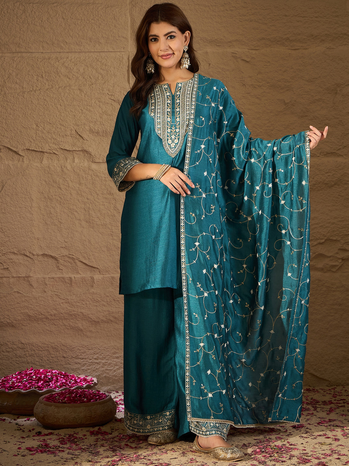Elegant Teal Green Embroidered Kurta Set with Dupatta for Women
