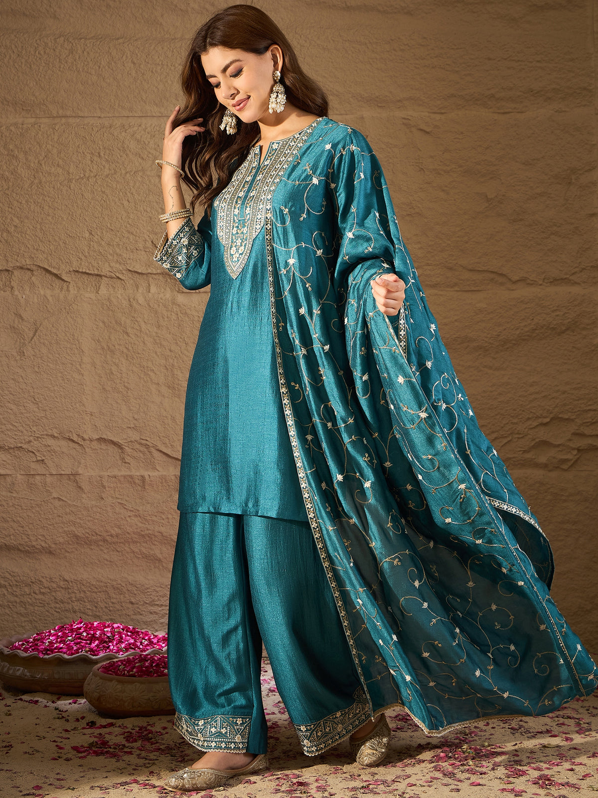 Elegant Teal Green Embroidered Kurta Set with Dupatta for Women
