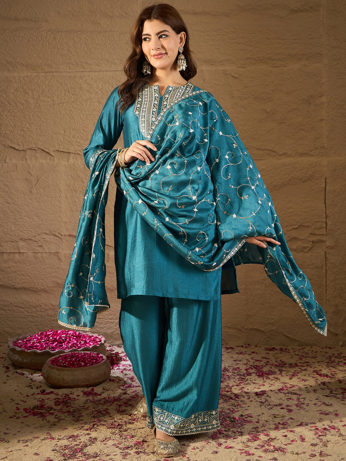 Elegant Teal Green Embroidered Kurta Set with Dupatta for Women