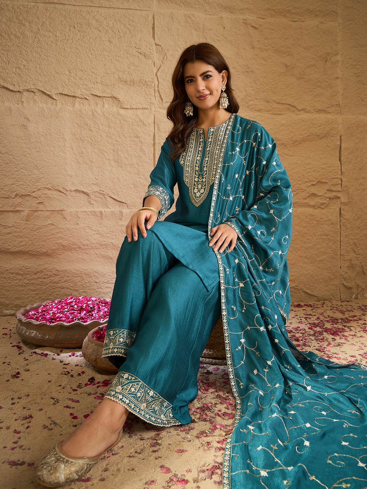 Elegant Teal Green Embroidered Kurta Set with Dupatta for Women