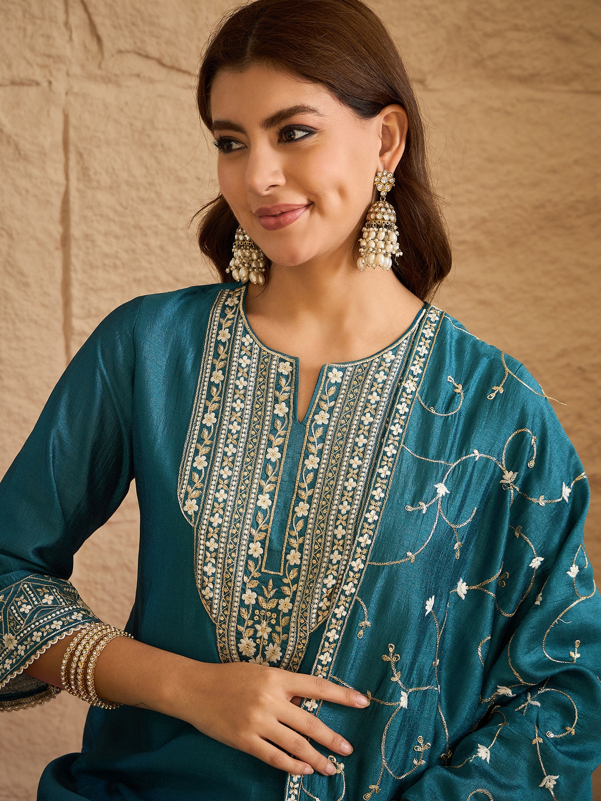 Elegant Teal Green Embroidered Kurta Set with Dupatta for Women