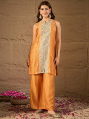 Mustard Yellow Embroidered Kurta Set with Organza Dupatta & Palazzo Pants for Women