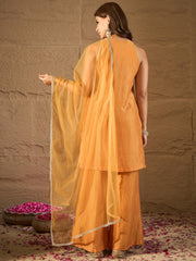 Mustard Yellow Embroidered Kurta Set with Organza Dupatta & Palazzo Pants for Women