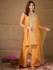 Mustard Yellow Embroidered Kurta Set with Organza Dupatta & Palazzo Pants for Women