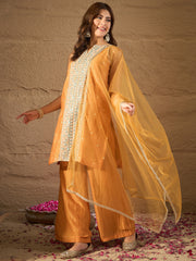 Mustard Yellow Embroidered Kurta Set with Organza Dupatta & Palazzo Pants for Women