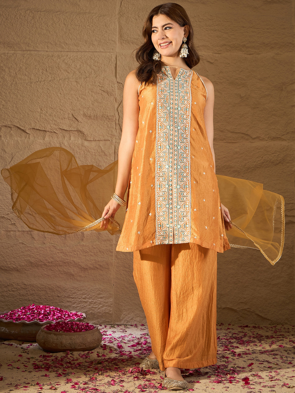 Mustard Yellow Embroidered Kurta Set with Organza Dupatta & Palazzo Pants for Women