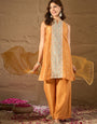 Mustard Yellow Embroidered Kurta Set with Organza Dupatta & Palazzo Pants for Women