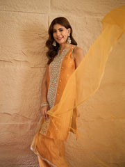 Mustard Yellow Embroidered Kurta Set with Organza Dupatta & Palazzo Pants for Women