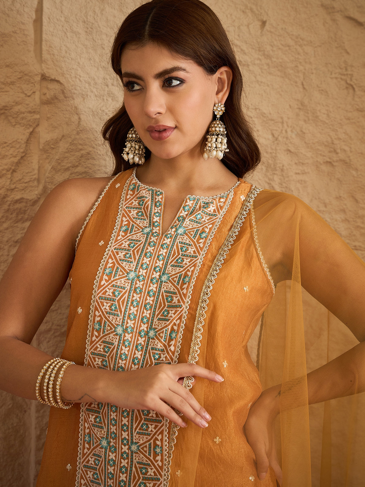 Mustard Yellow Embroidered Kurta Set with Organza Dupatta & Palazzo Pants for Women