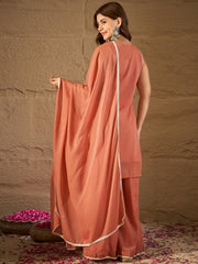 Elegant Peach Embroidered Kurta Palazzo Set with Dupatta for Women