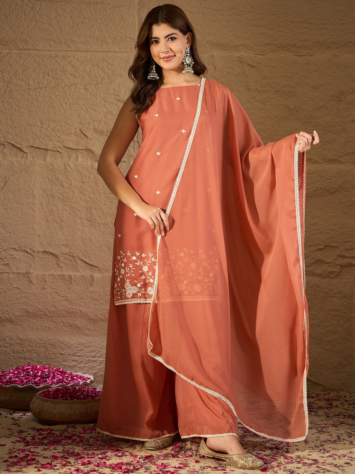 Elegant Peach Embroidered Kurta Palazzo Set with Dupatta for Women