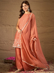 Elegant Peach Embroidered Kurta Palazzo Set with Dupatta for Women