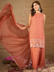 Elegant Peach Embroidered Kurta Palazzo Set with Dupatta for Women