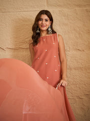 Elegant Peach Embroidered Kurta Palazzo Set with Dupatta for Women
