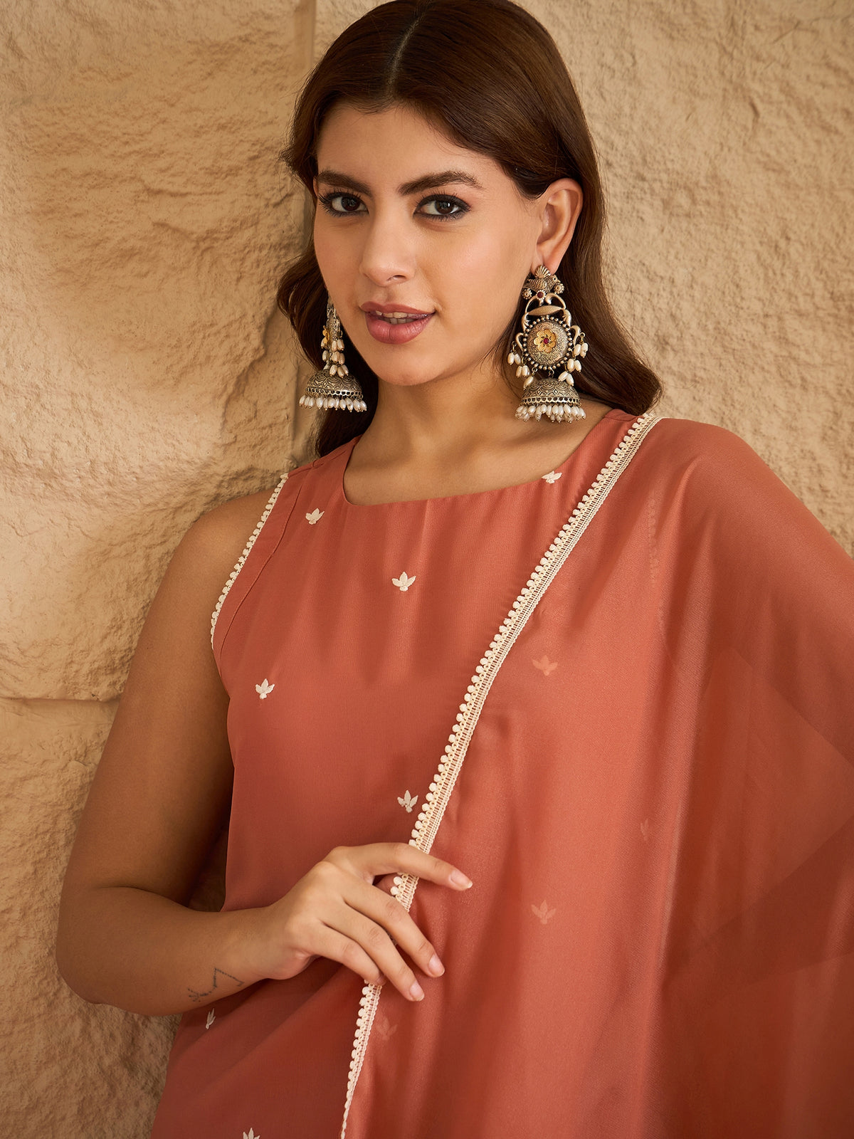 Elegant Peach Embroidered Kurta Palazzo Set with Dupatta for Women