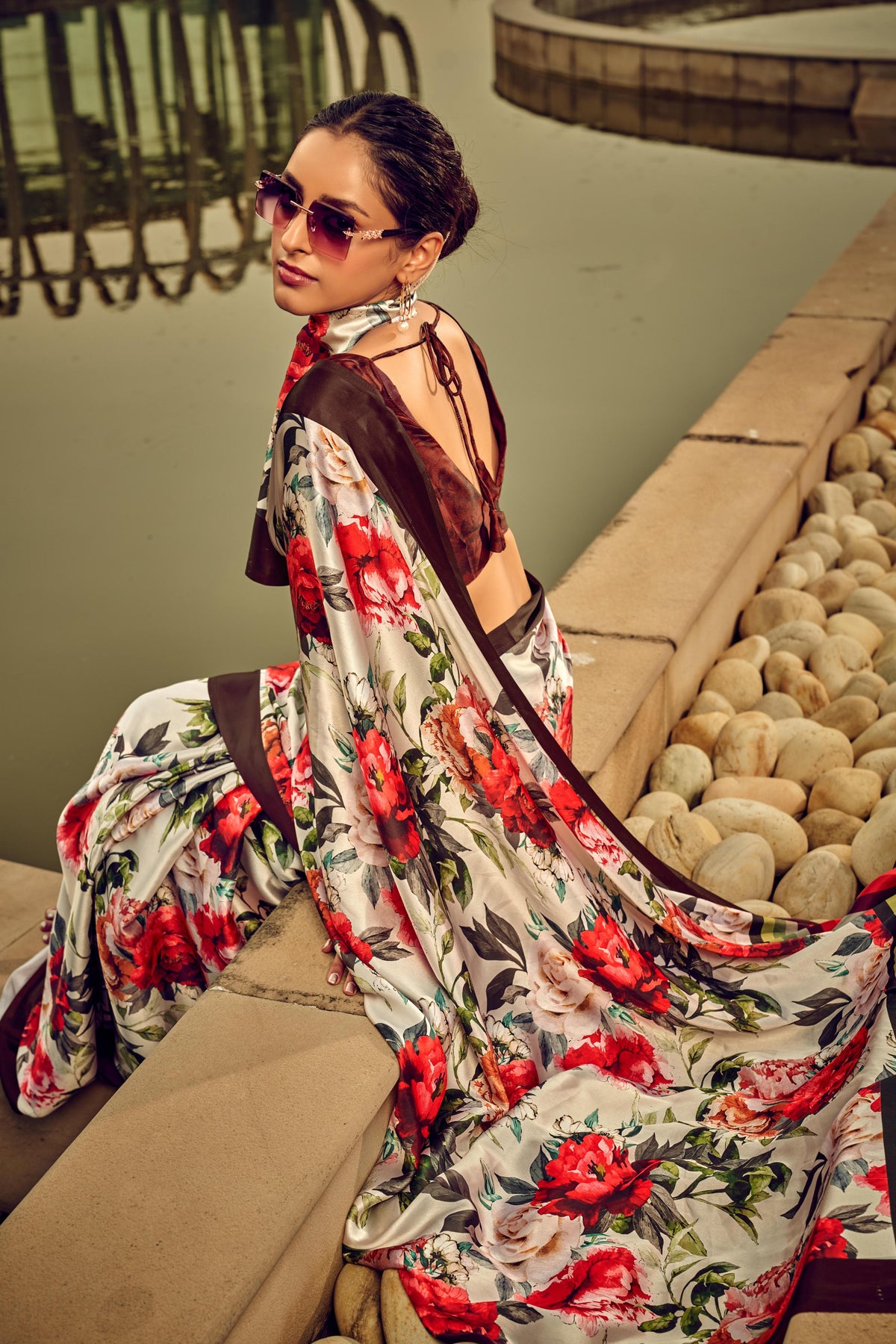 Digital Printed Satin Saree with Unstiched Blouse